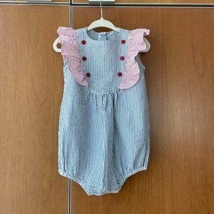 Bella Bliss Blue and Red Striped Bubble with Ruffle and Button Details - 18M